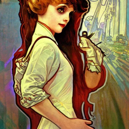 Image similar to realistic little sister of bioshock painted by alfons mucha sharp focus