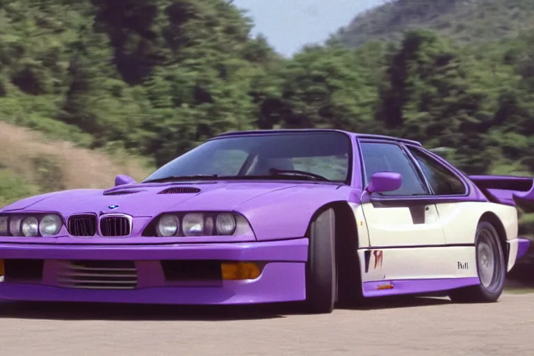 Prompt: vintage archival race footage of a single purple 1995 BMW M1, with elements of the Vector W8 Twin Turbo, movie still, speed, cinematic Panavision 5384 film