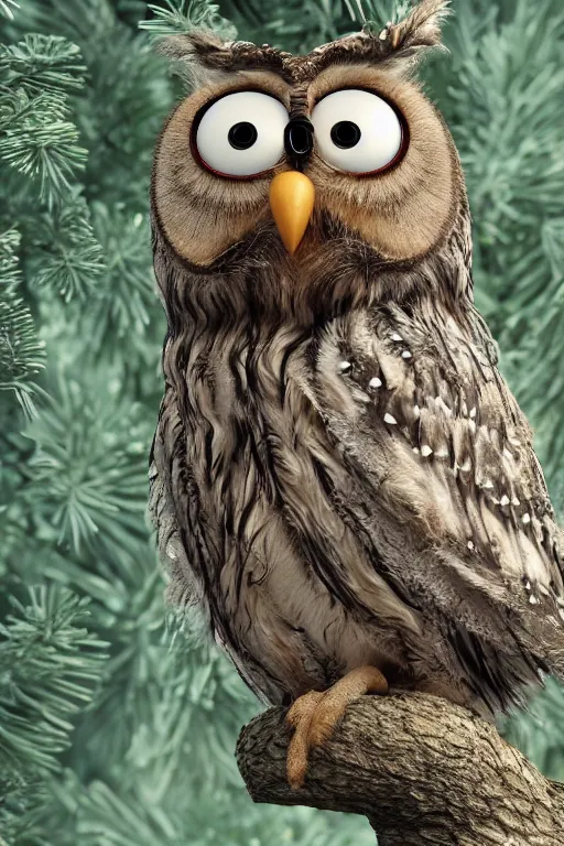 Image similar to funny disheveled owl sits on a pine tree. pixar disney 4 k 3 d render funny animation movie oscar winning trending on artststion and behance. oscar award winning.