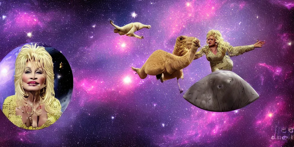 Prompt: Dolly Parton floating in space with a camel. In the style of the James Webb Space Telescope, photograph, dark matter, galaxies, david lynch, strange, photo realistic