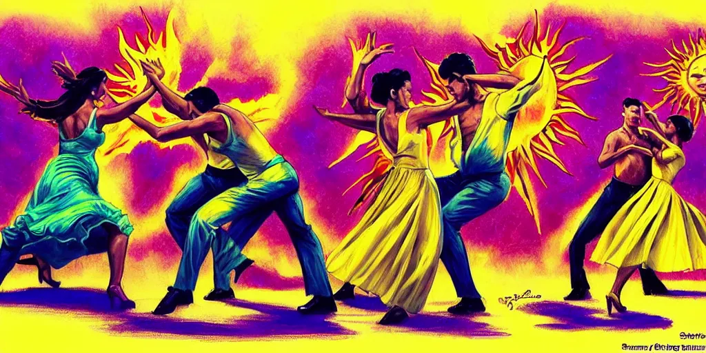 Image similar to The sun is exploding while Latino Cubans Dancers Salsa Dancing Gesture draw by Stanley Artgerm Lau, sun exploding on the background, Gesture draw, Salsa Social Dance, couple, lady using yellow dress, guy using the purple fancy suit, Salsa tricks, explosive background, WLOP, Rossdraws, Gesture draw, James Jean, Andrei Riabovitchev, Marc Simonetti, and Sakimichan, trending on artstation