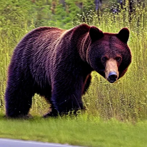 Image similar to a bear chasing a car, highly detailed, 4 k, trail cam footage