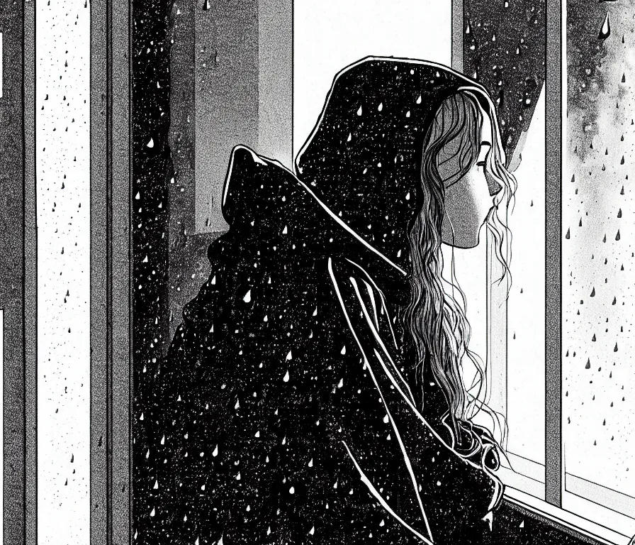 Image similar to sadie sink in hoodie sits on windowsill, knees tucked in | rain falls at night : storyboard, scifi cyberpunk. by gabriel hardman, chris bonura. cinematic atmosphere, detailed and intricate, perfect anatomy