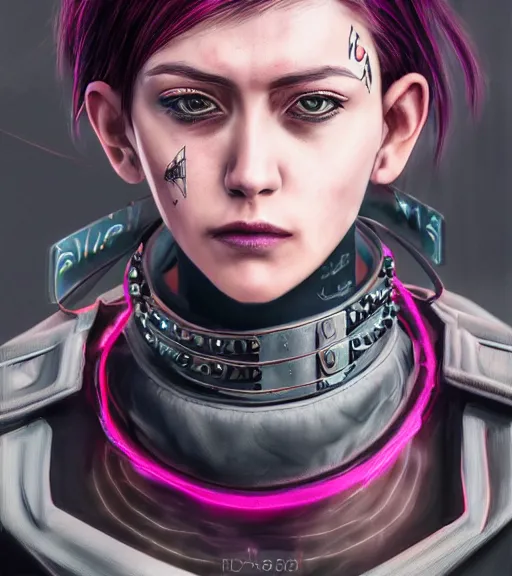 Image similar to detailed realistic female character cyberpunk wearing thick steel collar around neck, realistic, art, beautiful, 4K, collar, choker, collar around neck, punk, artstation, detailed, female, woman, choker, cyberpunk, neon, punk, collar, choker, collar around neck, thick collar, tight around neck, punk, neon,