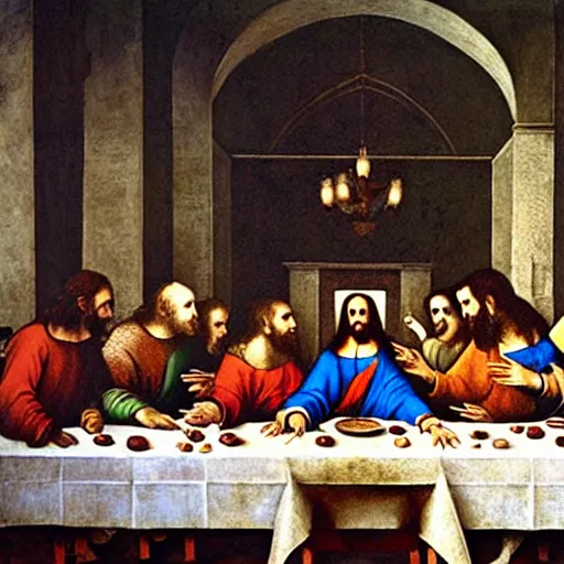 Image similar to the vampires from the show What we do in the shadows in the painting of the last supper by Leonard Da Vinci , photograph, ultrarealistic