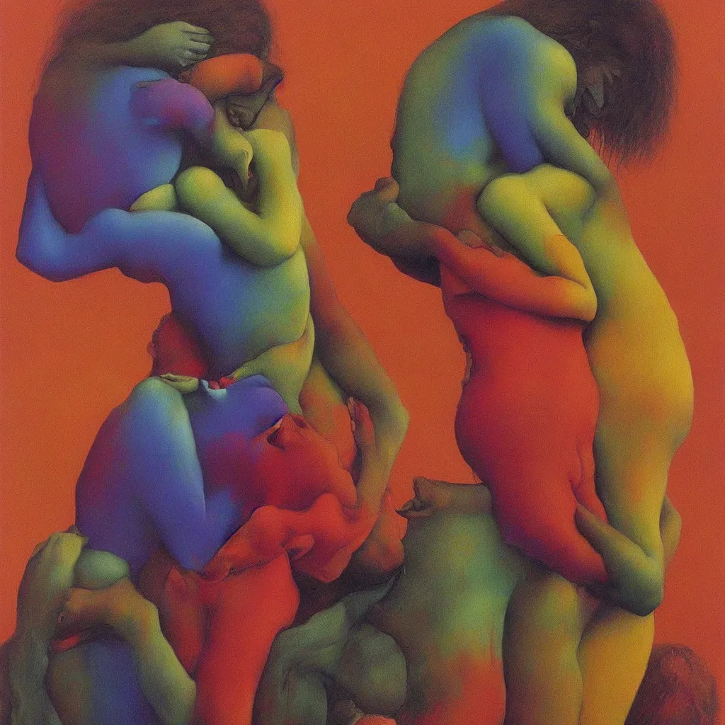 Prompt: men kiss girl and hug and cuddle colourful shiny beautiful harmony painting by zdzisław beksinski