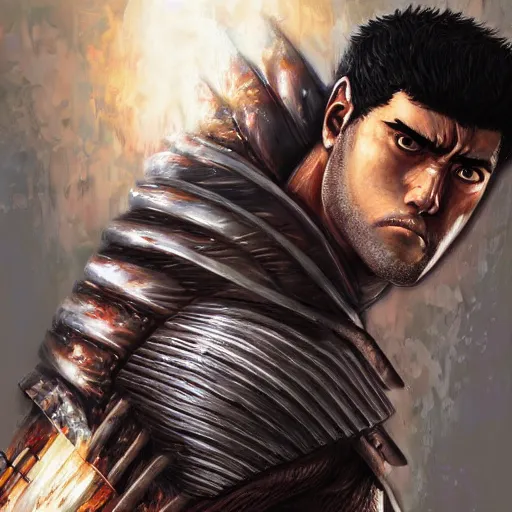 Image similar to digital painting portrait of guts from berserk extremely detailed, made by wlop and maxwell boas