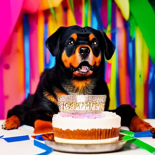 Image similar to a high - quality photo of a cute rottweiler with a half - eaten birthday cake, party streamers, 4 5 mm, f 3. 5, sharpened, iso 2 0 0, raw,