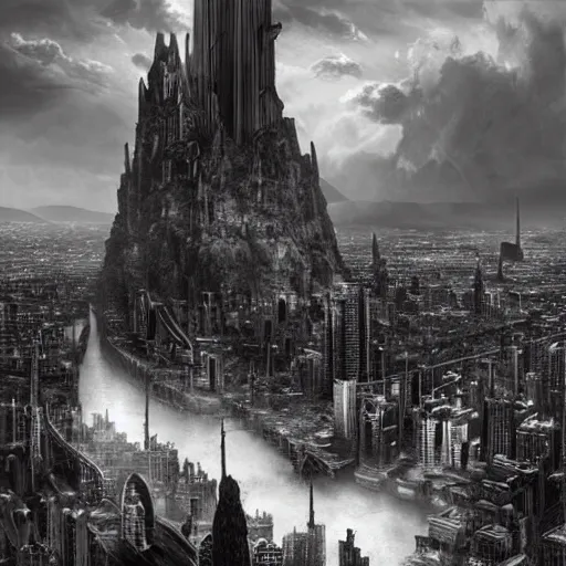 Image similar to an ultra detailed black and white matte painting of a lonely and impossibly tall ominous dark tower elevated high above the city, on an isolated plateau island in a river elevated high above the city fortress tower, fantasy capital city, ultrawide lense, aerial photography, volumetric lighting, exquisite detail, 8 k, art by artgerm and greg rutkowski and alphonse mucha