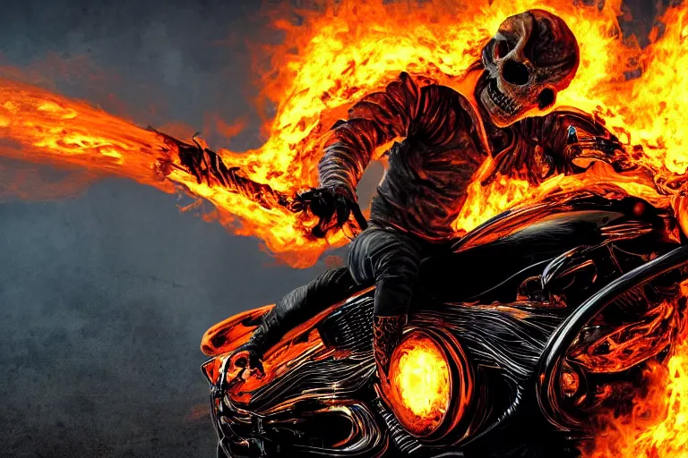 Prompt: Ghost Rider covered in violent flames staring into your soul, headshot photo, high quality wallpaper, desktopography