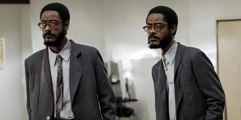 Image similar to Lakeith Stanfield as Malcom X in 'MALCOM' (2021), movie still frame