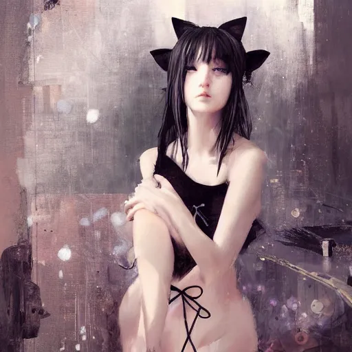 Image similar to a girl with cat ears wearing a black lace dress and thigh highs walking in an abandoned factory, digital art, beautiful face, expressive oil painting, by yoshitaka amano, by artgerm, by jeremy lipking, volumetrics, mood
