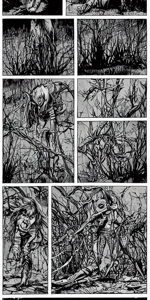 Prompt: multi - panel page from a highly detailed horror comic. swamp. woman. creature. terror. ink.