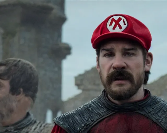 Prompt: promotional image of real life super mario in game of thrones, realistic, red cap with a capital M, dark scruffy hair, stubble, red clothes, detailed face, movie still frame, promotional image, imax 70 mm footage