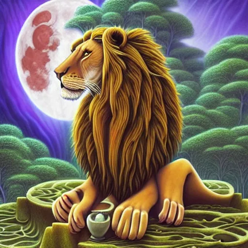 Image similar to an anthromorphic lion meditating in a zen garden with a waterfall under the blood moon, by Adi granov and afarin sajedi and amanda sage and evgeni gordiets and Agostino Arrivabene and adonna khare in a psychedelic portrait style, ultrarealistic matte painting, volumetric lighting, fractal, extremely symmetrical, highly detailed face, orisha, 8k, hd