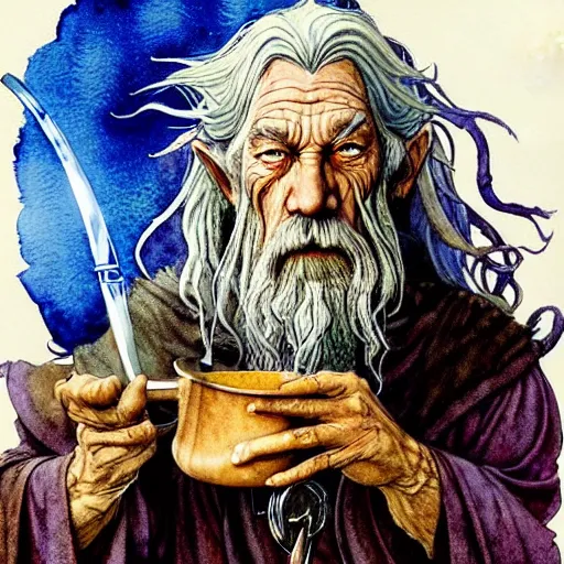 Prompt: a realistic and atmospheric watercolour fantasy character concept art portrait of gandalf with bloodshot eyes looking confused and smoking weed out of his pipe with a pot leaf nearby, by rebecca guay, michael kaluta, charles vess and jean moebius giraud