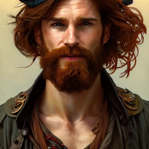 Image similar to portrait of a young ruggedly handsome but joyful pirate, male, masculine, upper body, red hair, long hair, d & d, fantasy, roguish smirk, intricate, elegant, highly detailed, digital painting, artstation, concept art, matte, sharp focus, illustration, art by artgerm and greg rutkowski and alphonse mucha