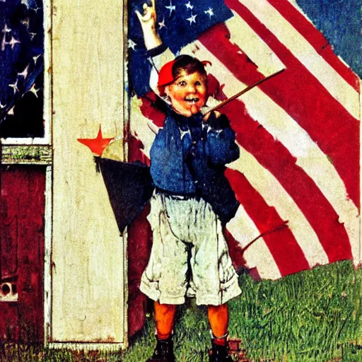 Prompt: illustration of a little country boy waving the american flag, by norman rockwell