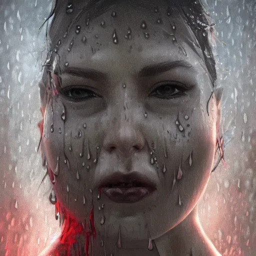 Image similar to shadow of the cross, shameless woman whis impudent facial expression, atmosphere of bloody rain, trending on artstation, highly detailed, digital painting, volumetric light, concept art, sharp focus, illustration