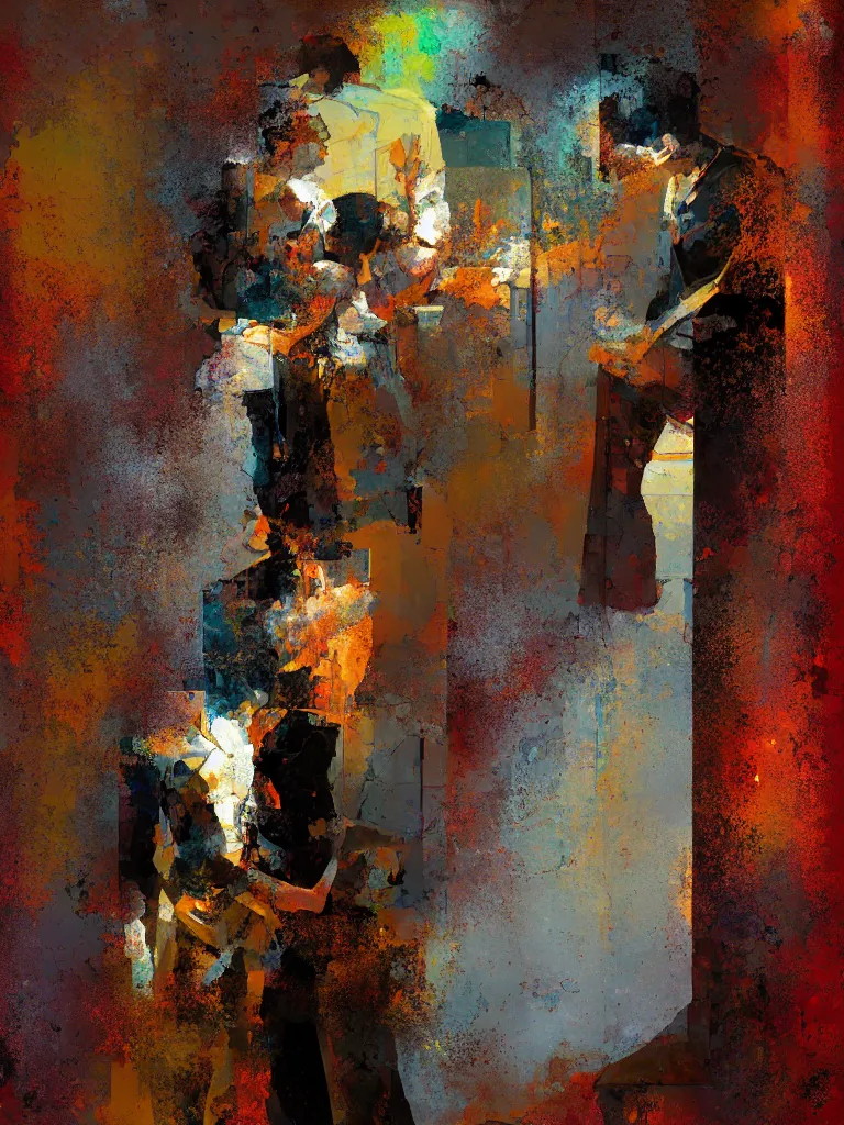 Image similar to a beautiful painting by nick runge of a couple in front of a mirror in a glitched bathroom, metal rust and plaster materials, pixel sorting, color bleeding, brushstrokes by jeremy mann