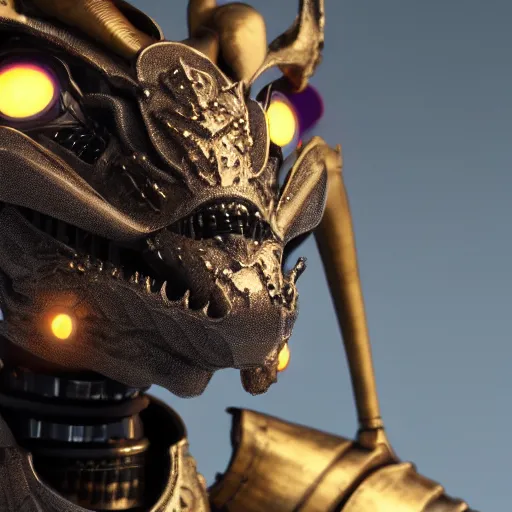 Image similar to a highly detailed close-up bust, of a beautiful cute anthropomorphic robot female dragon, with smooth and streamlined mechanical armor, standing and posing elegantly in front of the camera, well detailed head with two soft LED eyes, sharp teeth, two arms, artstation, DeviantArt, professional, octane render, sunset lighting