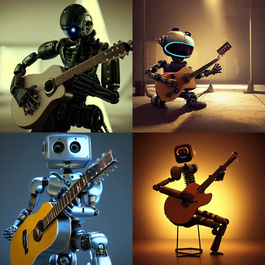 Prompt: robot playing a guitar, very beautiful, intricate, medium shot, cinematic lighting, sci - fi, bhighly detailed, digital art, octane render, unreal engine, 4 k,