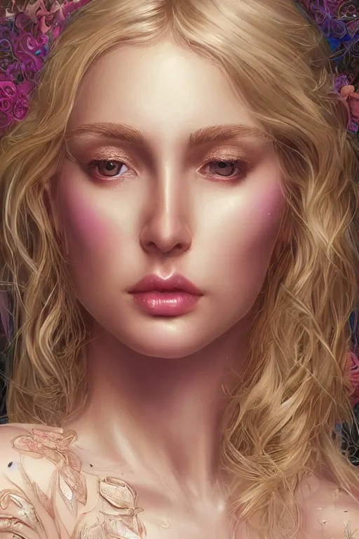 Prompt: beautiful blonde young woman's face, magical, angelic wings, flowers, intricate, synth-wave, retrowave, highly-detailed, elegant, dramatic lighting, gorgeous face, lifelike, photorealistic face, long luxurious intricate gown, digital painting, artstation, illustration, concept art, smooth, sharp focus, art by Craig Russel, Barry Smith, artgerm, and Albert Aublet and Krenz Cushart and Artem Demura and Alphonse Mucha