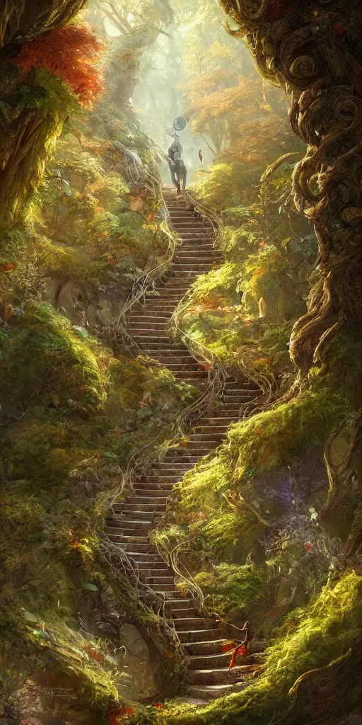 Prompt: a man walking up a steep and winding staircase, in magical woods, intricate, elegant, highly detailed, digital painting, artstation, concept art, sharp focus, beautiful illustration, by justin gerard and artgerm, 8 k