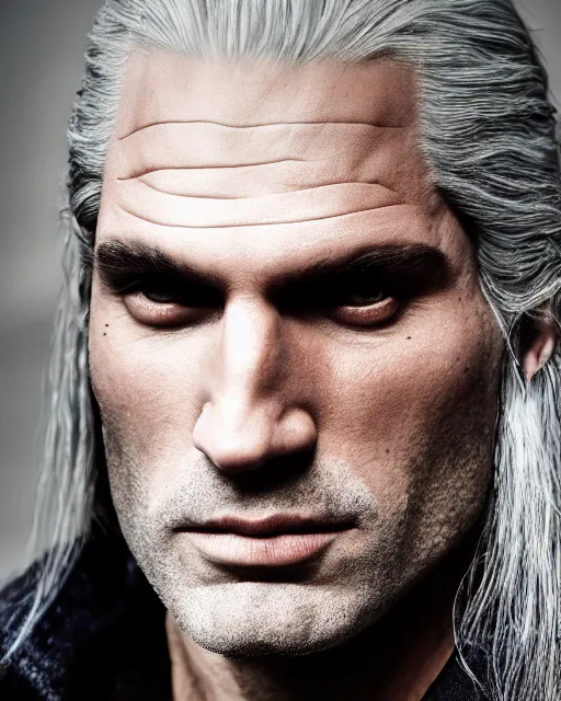 Image similar to portrait of geralt of rivia, 5 5 mm lens, professional photograph, times magazine, serious, stern look, zoomed out