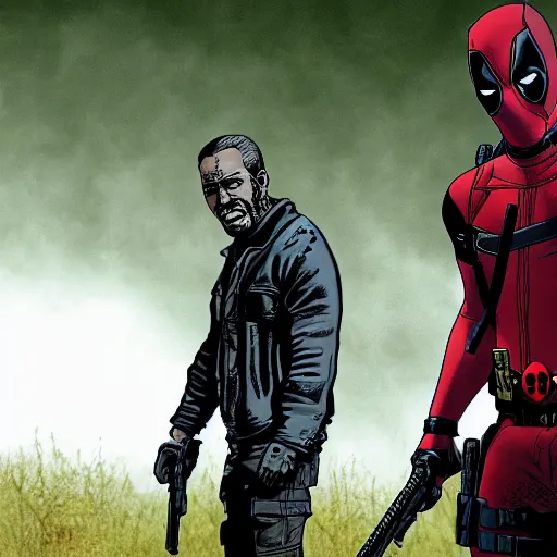Image similar to deadpool in the walking dead 4 k detailed super realistic