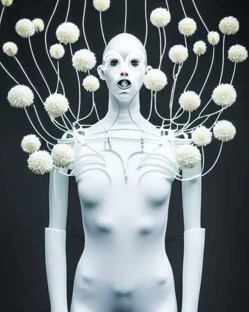Prompt: symmetrical portrait of a woman wearing a white embroidered translucent silicone mask and white frizzy hair buns, wearing a black bodysuit by alexander mcqueen, standing in a sterile room full of translucent silicone flowers and plants, white background, soft diffused light, biotechnology, humanoide robot, futuristic aesthetic, translucent, ethereal, intricate details, highly detailed, masterpiece,