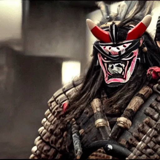 Prompt: big buff very strong very buff samurai wearing an oni mask, movie still