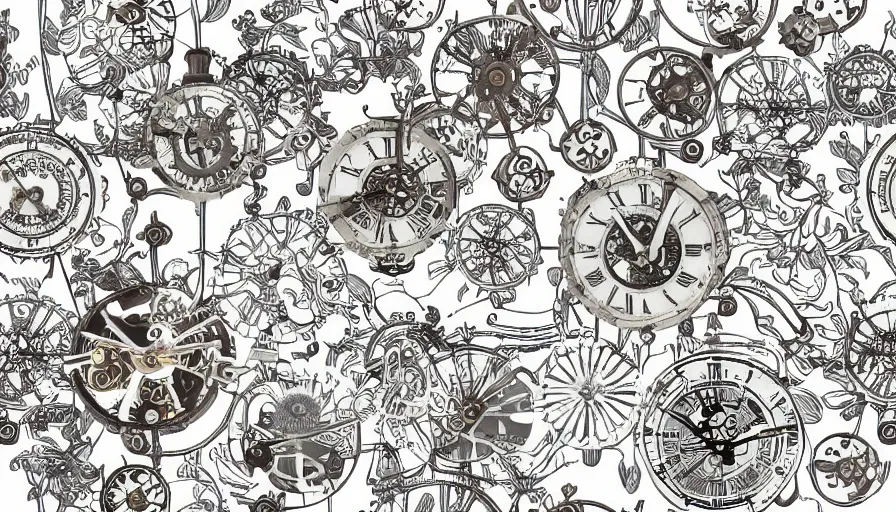 Prompt: flowers and steampunk clock still life pattern, white background