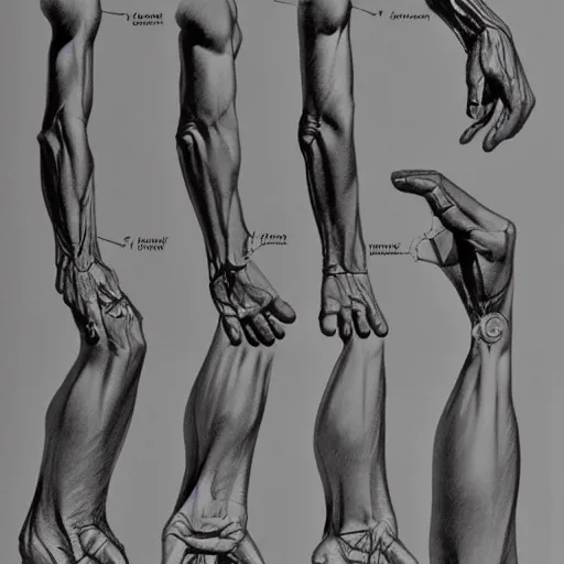 Image similar to an anatomicaly correct sketch about the evolutional stages of the human hand