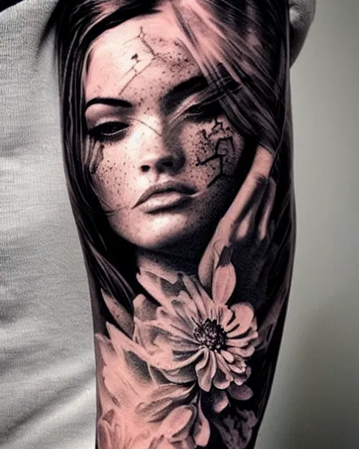 Image similar to creative double exposure effect tattoo design sketch of megan fox faded in beautiful mountain scenery, realism tattoo, in the style of matteo pasqualin, amazing detail, sharp