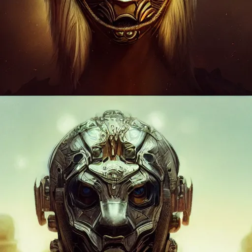 Prompt: Very very very very highly detailed epic zoom out photo of full face with lion venetian mask, intricate, dystopian, sci-fi, extremely detailed, digital painting, artstation, concept art, smooth, sharp focus, illustration, intimidating lighting, incredible art by Artgerm and Vincent di Fate and WLOP