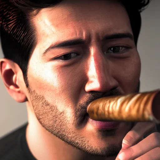 Image similar to a closeup photo of handsome gigachad markiplier smoking a cigar, 8k photorealism, extremly detailed, trending on artstation