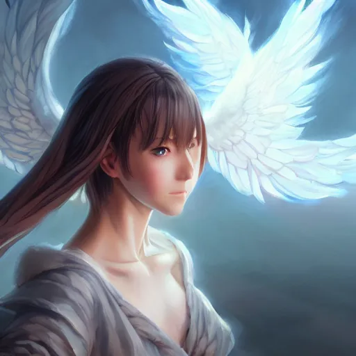 Image similar to an oil painting of a beautiful anime girl with angel wings, by artgerm, wlop and greg rutkowski, hd, hdr, ue 5, ue 6, unreal engine 5, cinematic 4 k wallpaper, 8 k, ultra detailed, high resolution, artstation, award winning