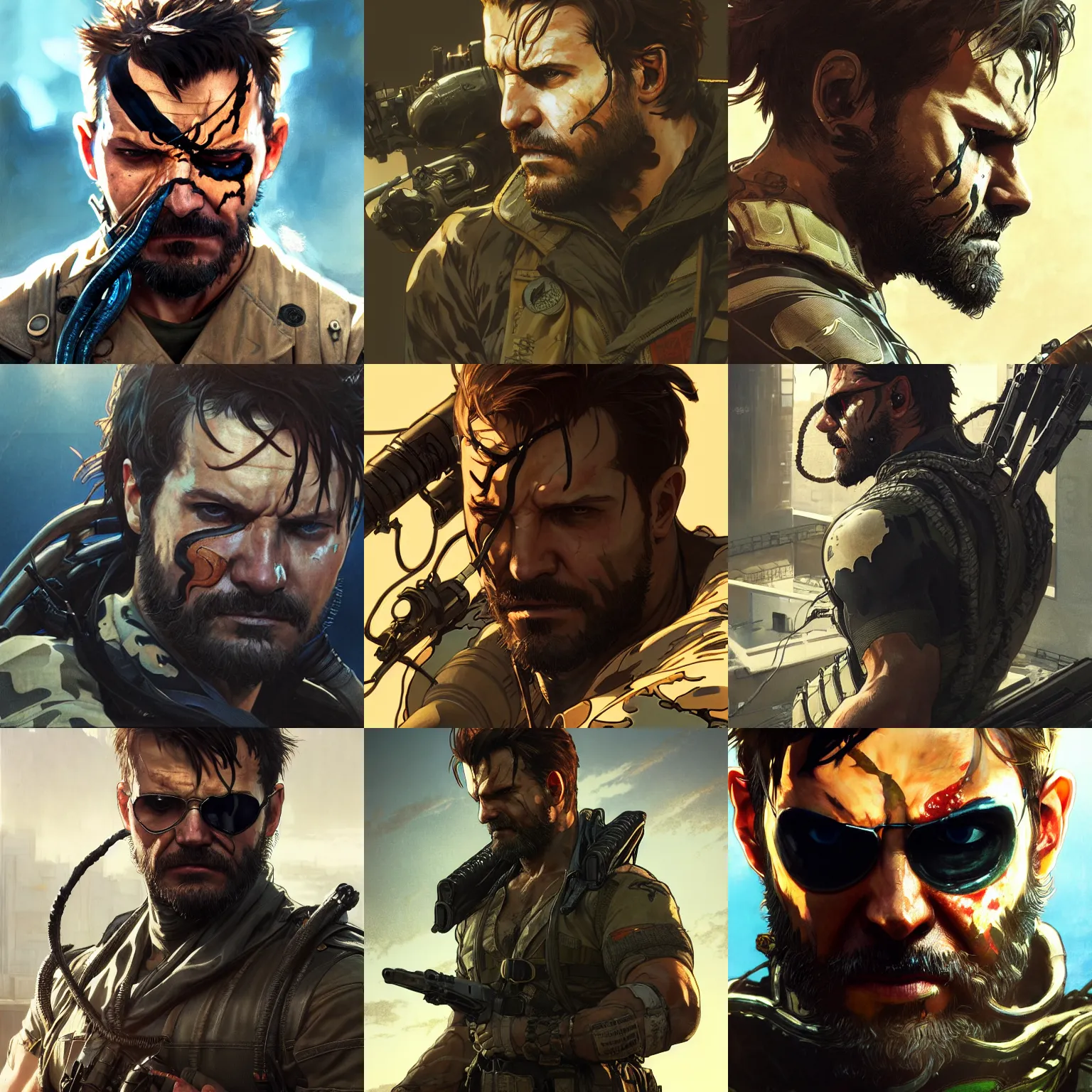 Prompt: highly detailed vfx portrait of venom snake, makoto shinkai, alphonse mucha, sharp focus, art by artgerm and greg rutkowski, backlit, harsh overhead sunlight, blue eyes, stanley kybric, pixiv