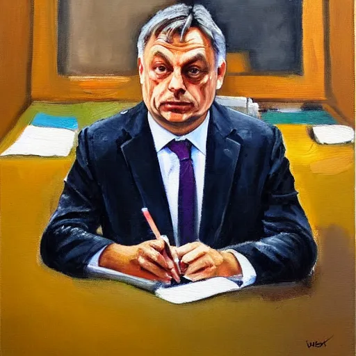 Image similar to viktor orban in a cubicle, oil painting