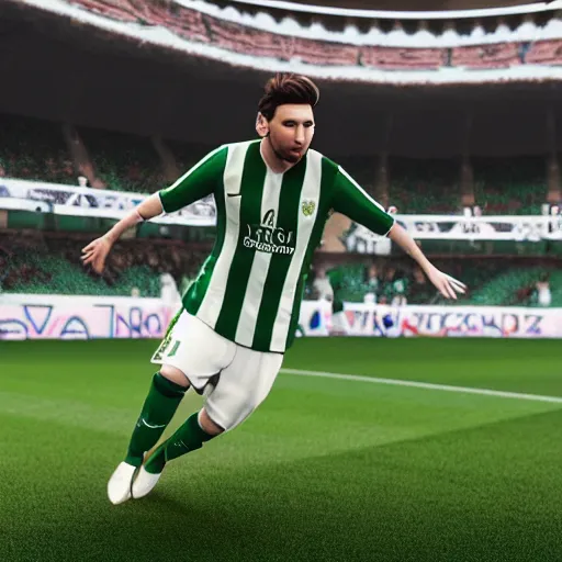 Image similar to leo messi dressed with the betis football team shirt, 8 k, realistic