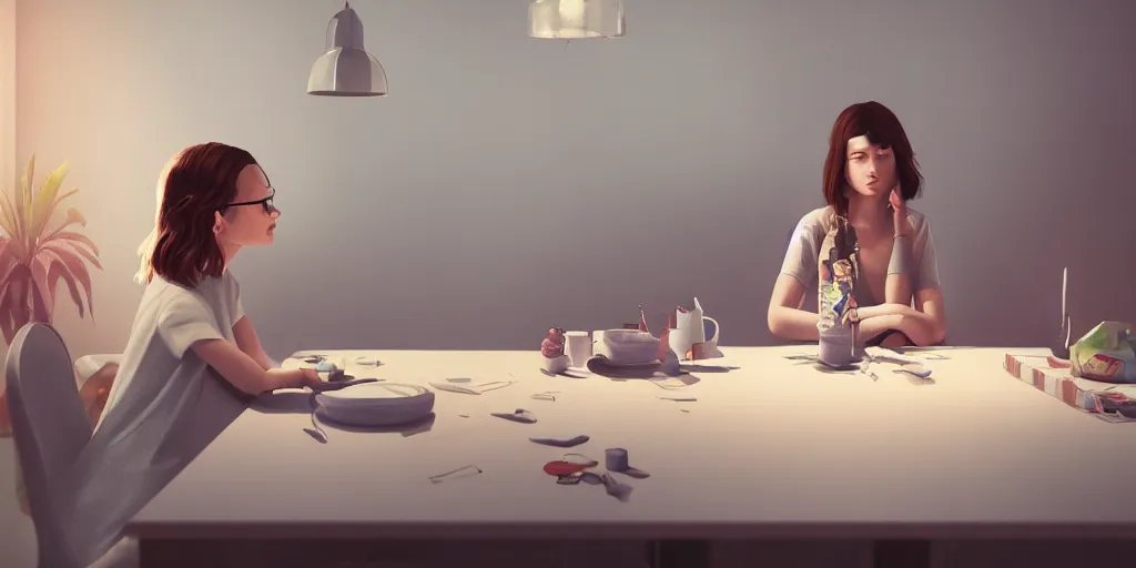 Prompt: the girl at the table creates something great, illustration, reality, wide shot, light colors, highly detailed, sharp focus, cinema 4 d, 3 d, octane render