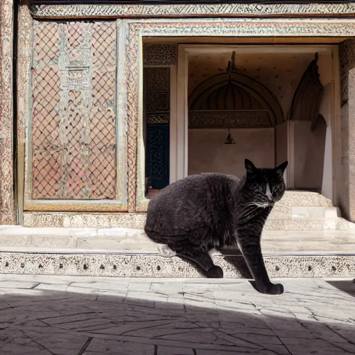 Image similar to A giant cat sitting next to a mosque in Istanbul, daytime, photorealistic, 4K, HD, award winning