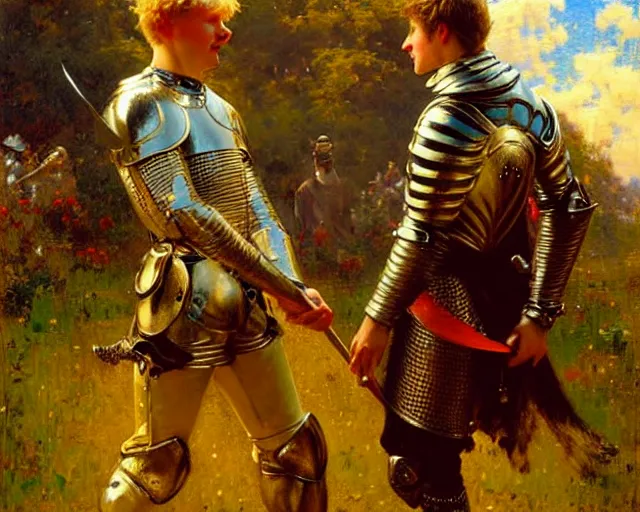 Image similar to arthur pendragon flirting wit his knight. the knight is also flirting back, highly detailed painting by gaston bussiere, craig mullins, j. c. leyendecker