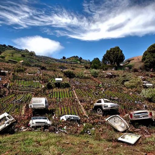 Prompt: sonoma hillside bliss screensaver with many broken dilapidated old computers graveyard, wide angle lens