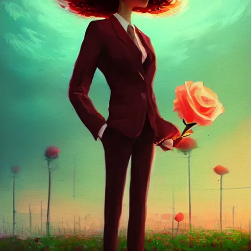 Image similar to closeup, giant rose flower head, frontal, girl in a suit, surreal photography, sunrise, dramatic light, impressionist painting, digital painting, artstation, simon stalenhag