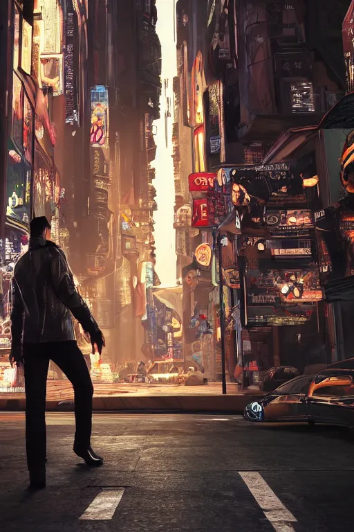 Image similar to in the foreground a Parisian street, in the background a dark-haired man from behind playing with swirls of energy coming out hands wearing a long matrix-style jacket, realistic, high definition, many details, dramatic scene, detailed hands and realistic, symmetrical face, realistic eyes, cyberpunk art 2077