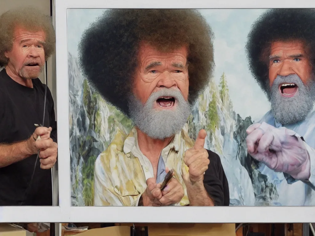 Image similar to old bob ross is sad and angry and yelling at a huge painting by bob ross