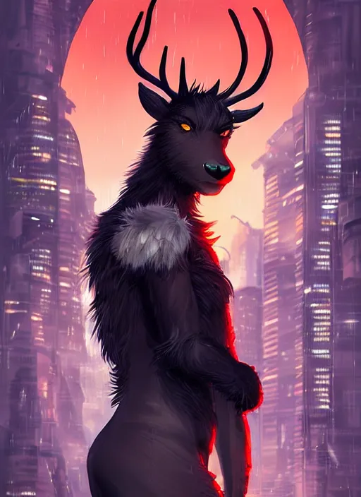 Prompt: award winning beautiful portrait commission of a male furry anthro Black Reindeer fursona with a tail, wings and a cute beautiful attractive detailed furry face wearing stylish black and orange cyberpunk clothes in a cyberpunk city at night while it rains. Character design by charlie bowater, ross tran, artgerm, and makoto shinkai, detailed, inked, western comic book art