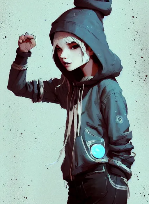 Image similar to highly detailed portrait of a sewer punk swedish young lady, hoodie, white hair by atey ghailan, by greg rutkowski, by greg tocchini, by james gilleard, by joe fenton, by kaethe butcher, gradient light blue, blonde, brown, cream and white color scheme, grunge aesthetic!!! ( ( graffiti tag wall background ) )